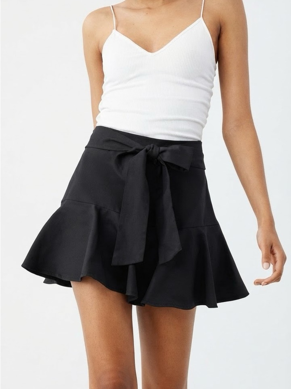 Zara| Black Bow Tie-Waist Flared Flowy Full Mini Skort Skirt Sz XS